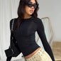 noir Couleur T-shirt Femme Manches Longues Ajusté Col Rond Uni