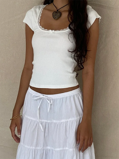 T-shirt Crop Vintage Femme Col Carré En Dentelle