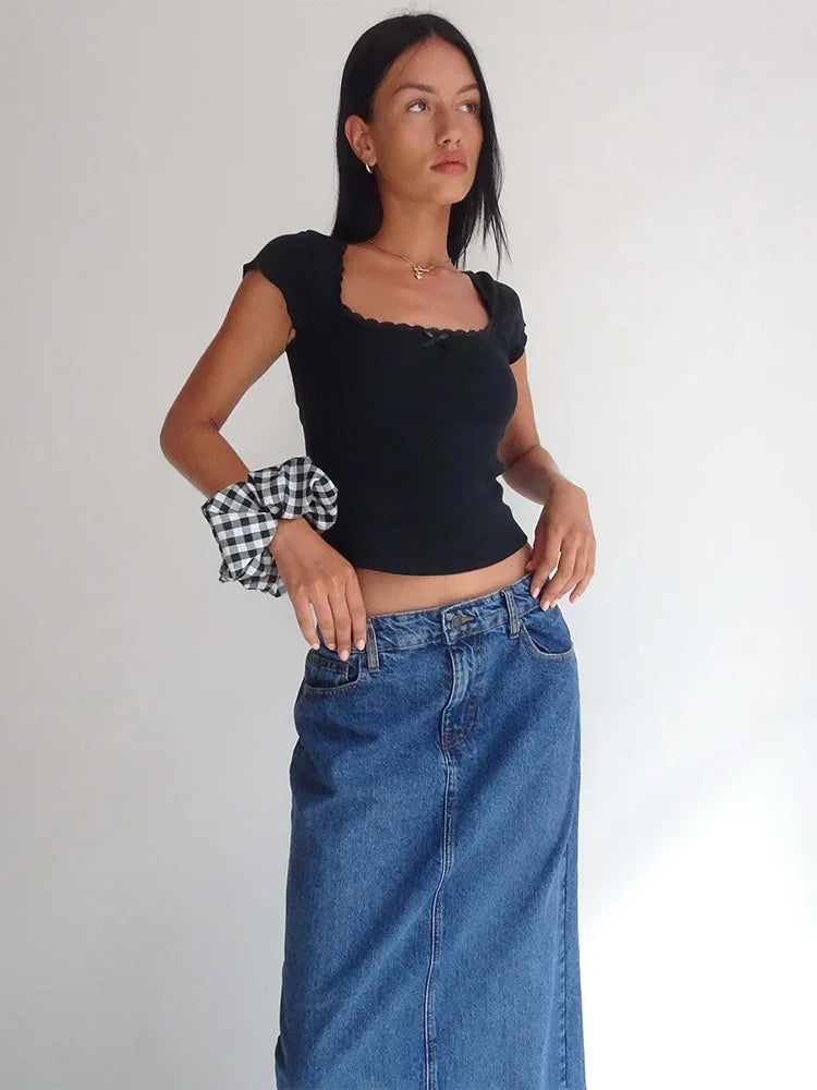 T-shirt Crop Vintage Femme Col Carré En Dentelle
