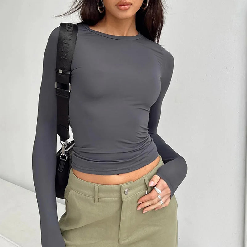 GRIS Couleur T-shirt Femme Manches Longues Ajusté Col Rond Uni