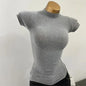 Gris Couleur Top Court Col Roulé Femme Côtelé Ajusté