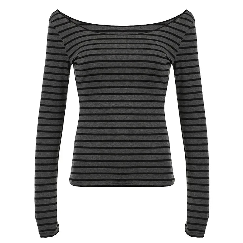 Gris foncé Couleur T-Shirt Femme Rayé Slim Manches Longues Style Street