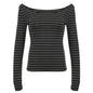 Gris foncé Couleur T-Shirt Femme Rayé Slim Manches Longues Style Street