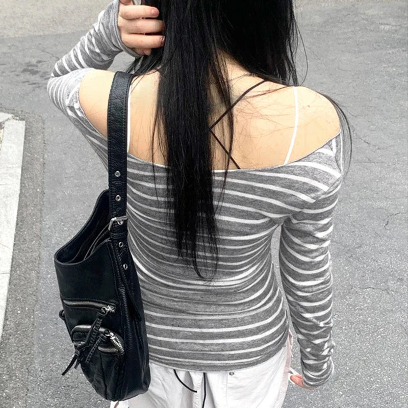 T-Shirt Femme Rayé Slim Manches Longues Style Street