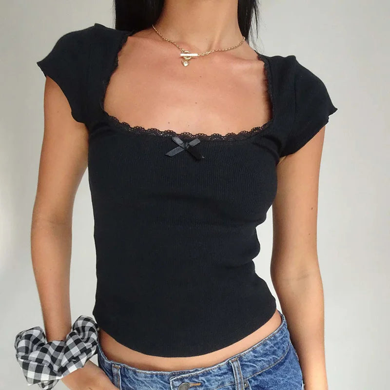 noir Couleur T-shirt Crop Vintage Femme Col Carré En Dentelle