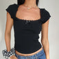 noir Couleur T-shirt Crop Vintage Femme Col Carré En Dentelle