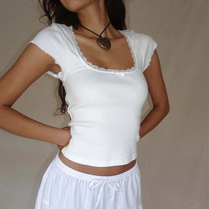 BLANC Couleur T-shirt Crop Vintage Femme Col Carré En Dentelle