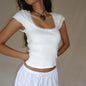 BLANC Couleur T-shirt Crop Vintage Femme Col Carré En Dentelle